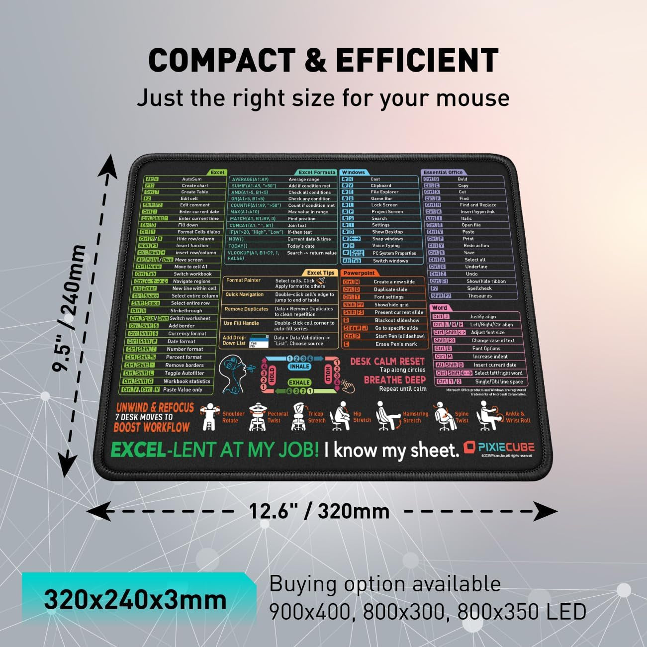 Excel Shortcut Mouse Pad with Windows, Word, and PowerPoint Shortcuts - Compact Non-Slip Stitched Desk Pad for Enhanced Gaming and Workstation Performance