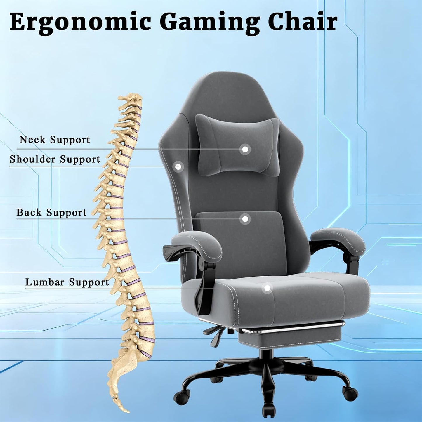Ergonomic Massage Gaming Chair with Lumbar Support and Footrest, Height Adjustable Fabric Computer Chair with Pocket Spring Cushion (Gray)