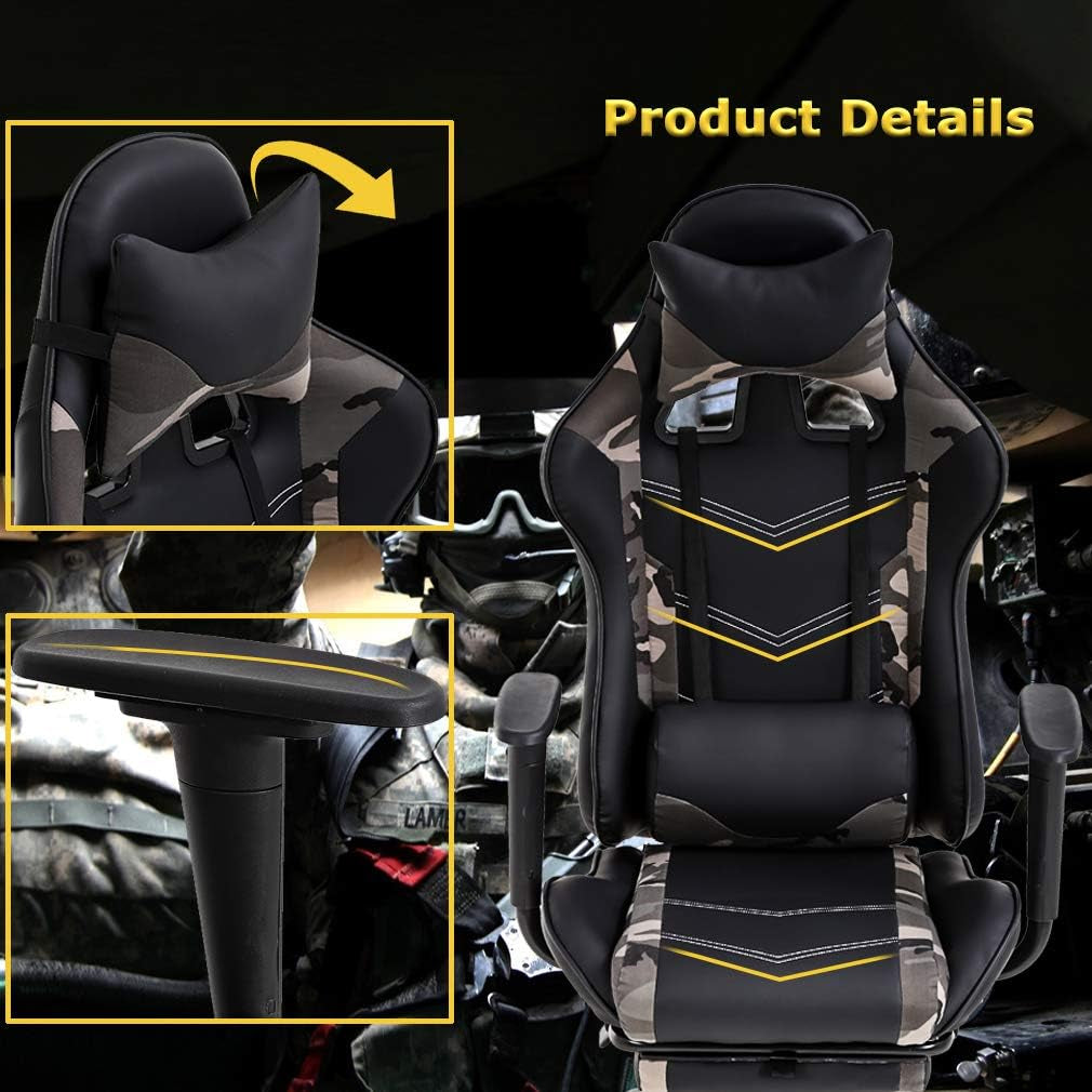 Ergonomic Camo Gaming Chair | Reclining Computer Chair with Lumbar Support, Headrest Pillow, and Adjustable Footrests | 360-Degree Swivel with Heavy-Duty Wheels | Ideal for Home and Office Use