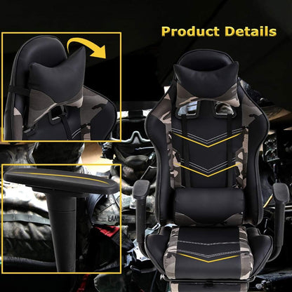 Ergonomic Camo Gaming Chair | Reclining Computer Chair with Lumbar Support, Headrest Pillow, and Adjustable Footrests | 360-Degree Swivel with Heavy-Duty Wheels | Ideal for Home and Office Use