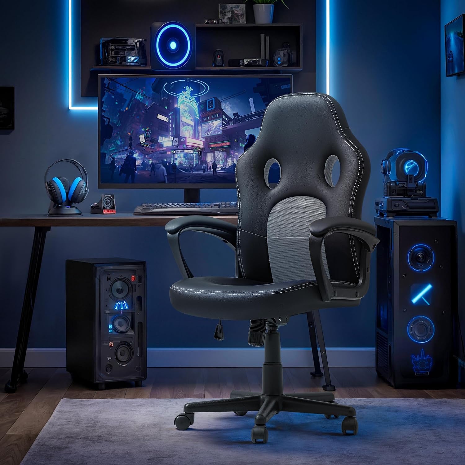 High-Back Ergonomic Leather Office Gaming Chair with Adjustable Height - Executive Conference Task Chair (Grey)