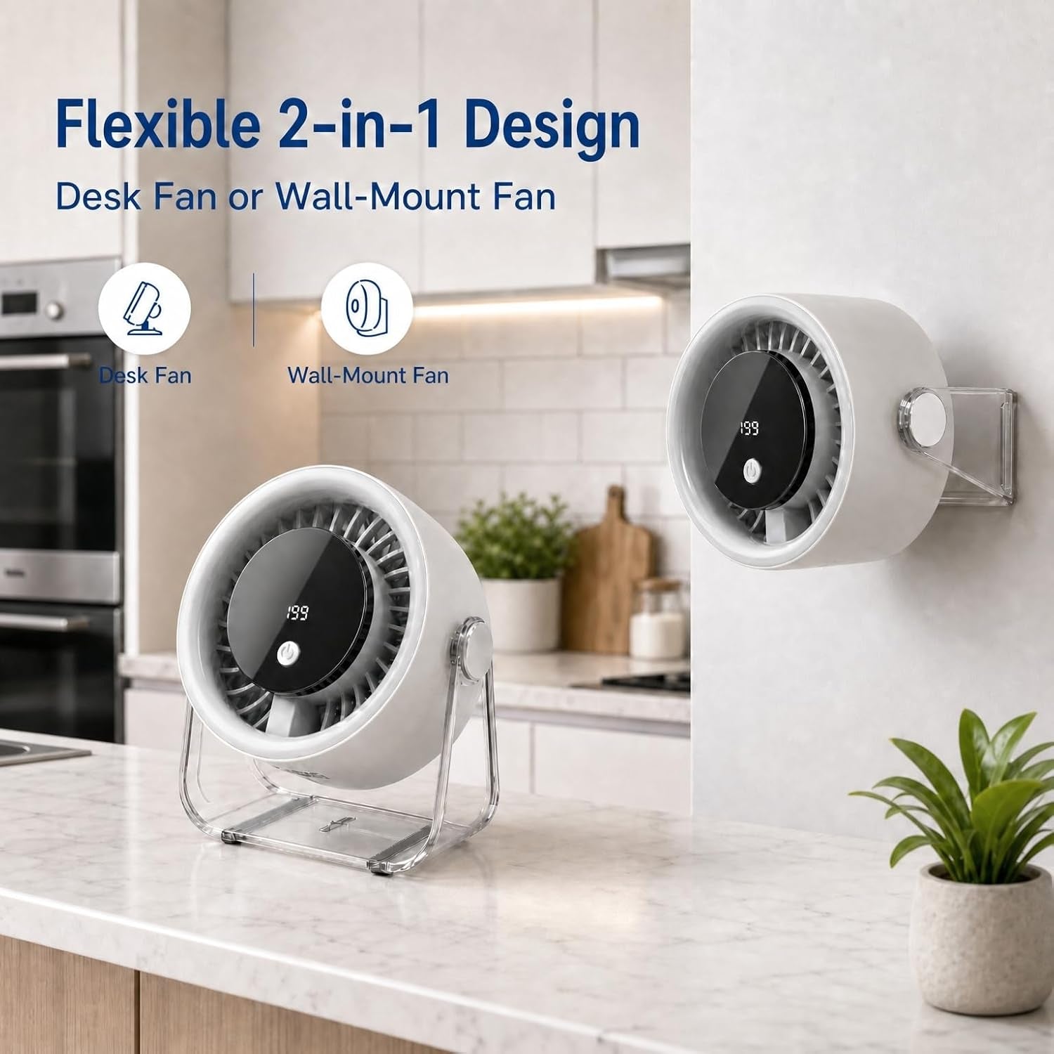 Portable Desk Fan for Bedroom, 199 Speeds Rechargeable USB Table Fan with 4000Mah Battery, 360° Rotation, LED Display, Quiet Wall-Mountable Personal Cooling Fan for Home Office (White)