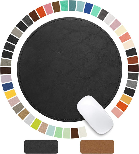 Round Leather Mouse Pad with Stitched Edge and Non-Slip Waterproof Microfiber Base, 9 x 9 Inches (Charcoal Black)