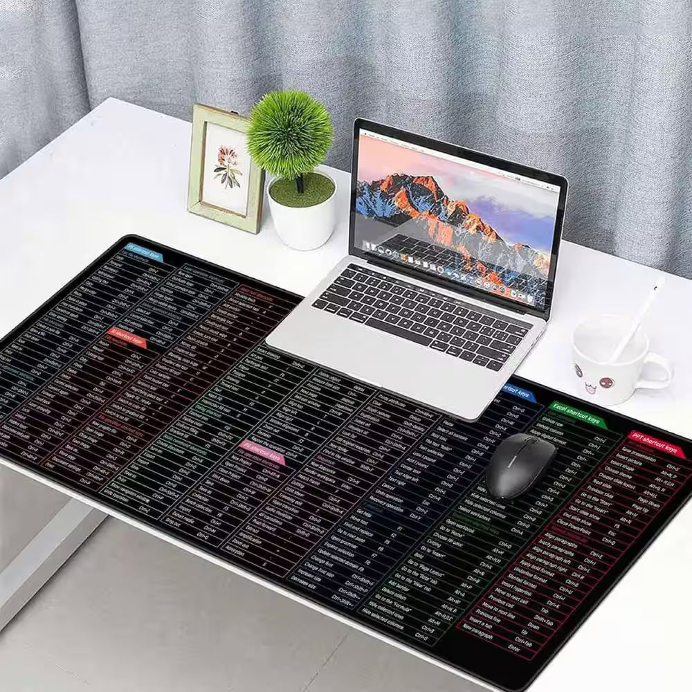 Large Shortcut Mouse Pad, Extended Office Mousepad with Stitched Edges, Non-Slip Base Keyboard Mat