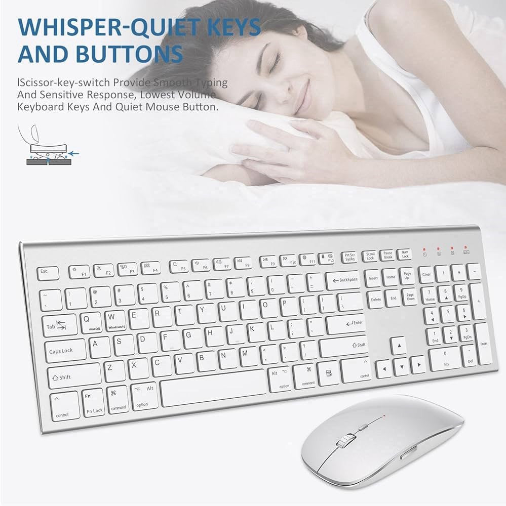 Wireless Keyboard and Mouse Silver White Full Size 2.4G USB Portables Quiet C...