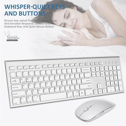 Wireless Keyboard and Mouse Silver White Full Size 2.4G USB Portables Quiet C...