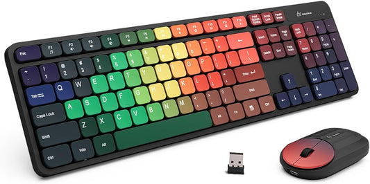 Colorful Computer Wireless Keyboard Mouse Combos, Rechargeable 2.4Ghz Cordless Full-Sized Keyboard and Mouse, Compatible with Pc/Laptop/Desktop for School & Home Office(Black-Colorful)