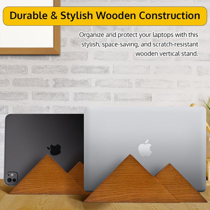 Dual Laptop Holder Vertical Stand 2 Slots Wooden - Light Brown (Oak Color) - Vertical Holder for Desk, Macbook Pro & Air, Desktop Organizer Made of Natural Wood, Adjustable Stand for Notebooks