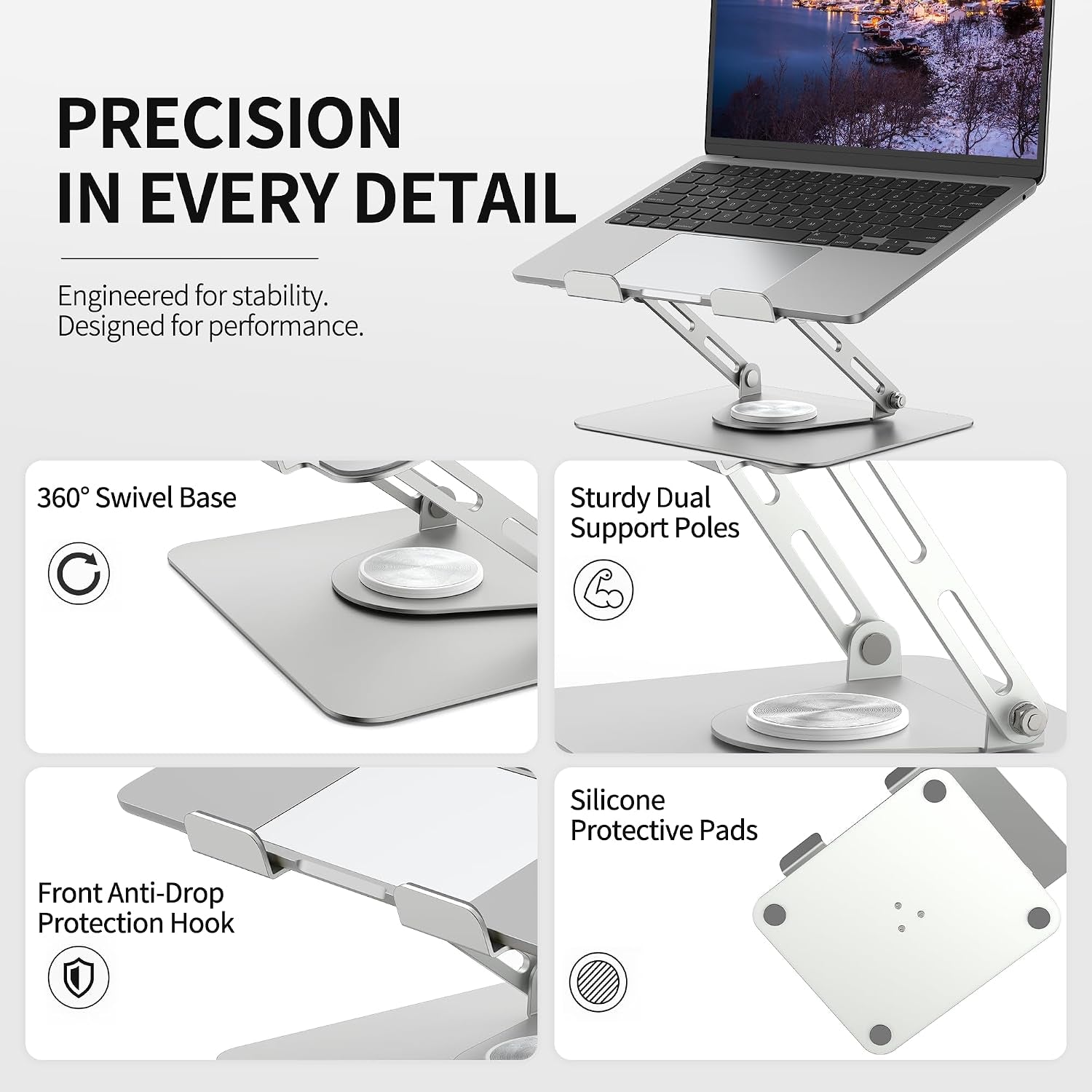 Laptop Stand for Desk with 360° Rotating Base, Multi-Angle Adjustable Laptop Stands, Foldable Laptop Riser Compatible with 10 to 17 Inches PC Computer, Silver
