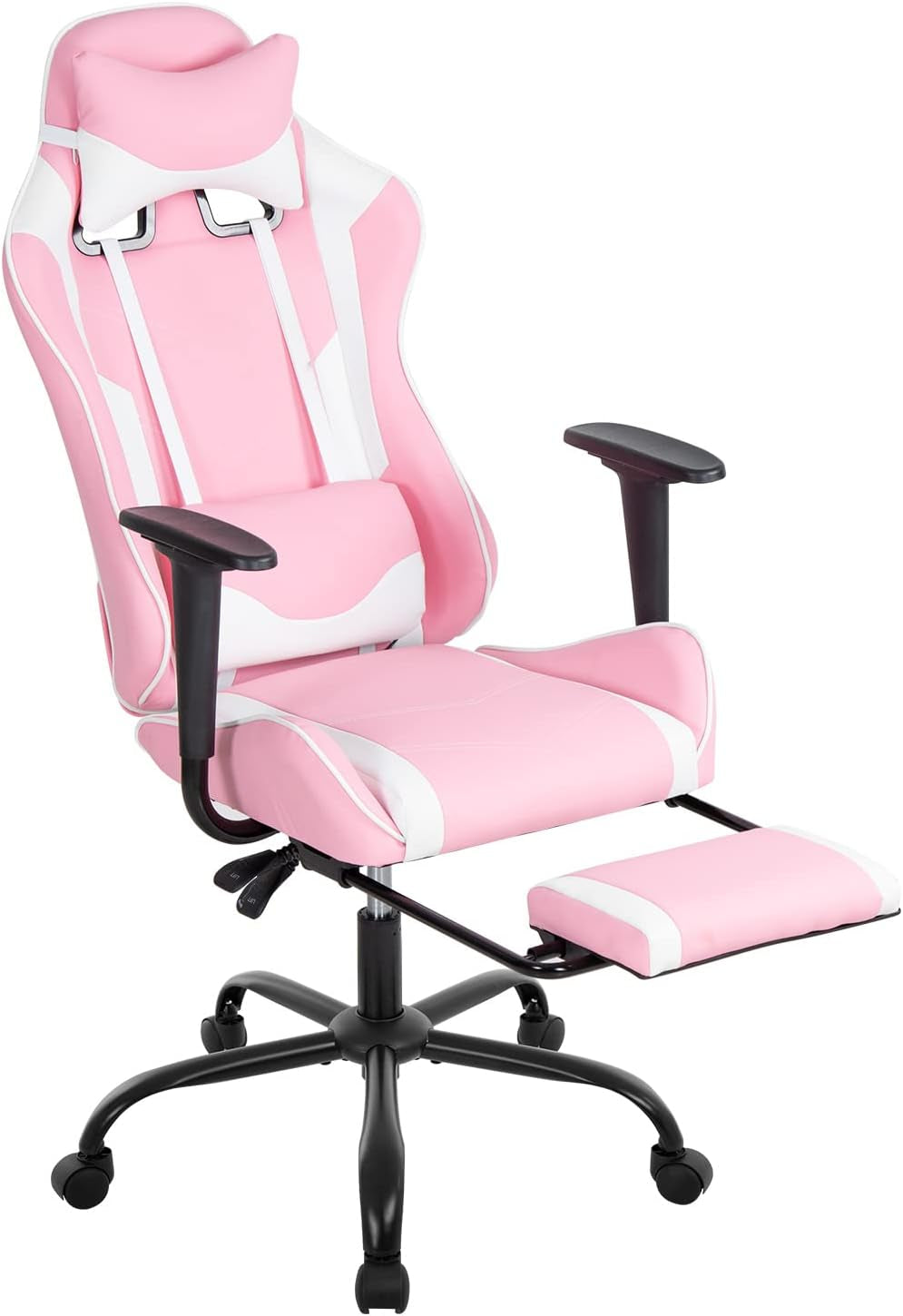Ergonomic Pink Gaming Chair with Reclining Feature, Lumbar Support, Headrest Pillow, and Adjustable Footrests - 360-Degree Swivel and Heavy-Duty Wheels for Home and Office Use