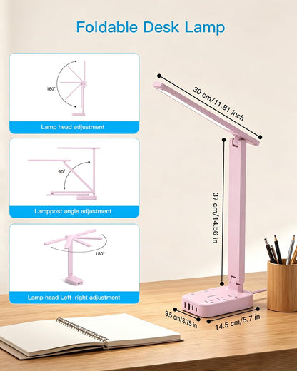 Small LED Desk Lamp Power Strip 5Ft Extension Cord with 3 Outlets 4 USB Ports(2 USB C), 4 Modes, 5 Level Touch Lamp Study Reading Light, Home Office Bedroom College Dorm Room Essentials, Pink