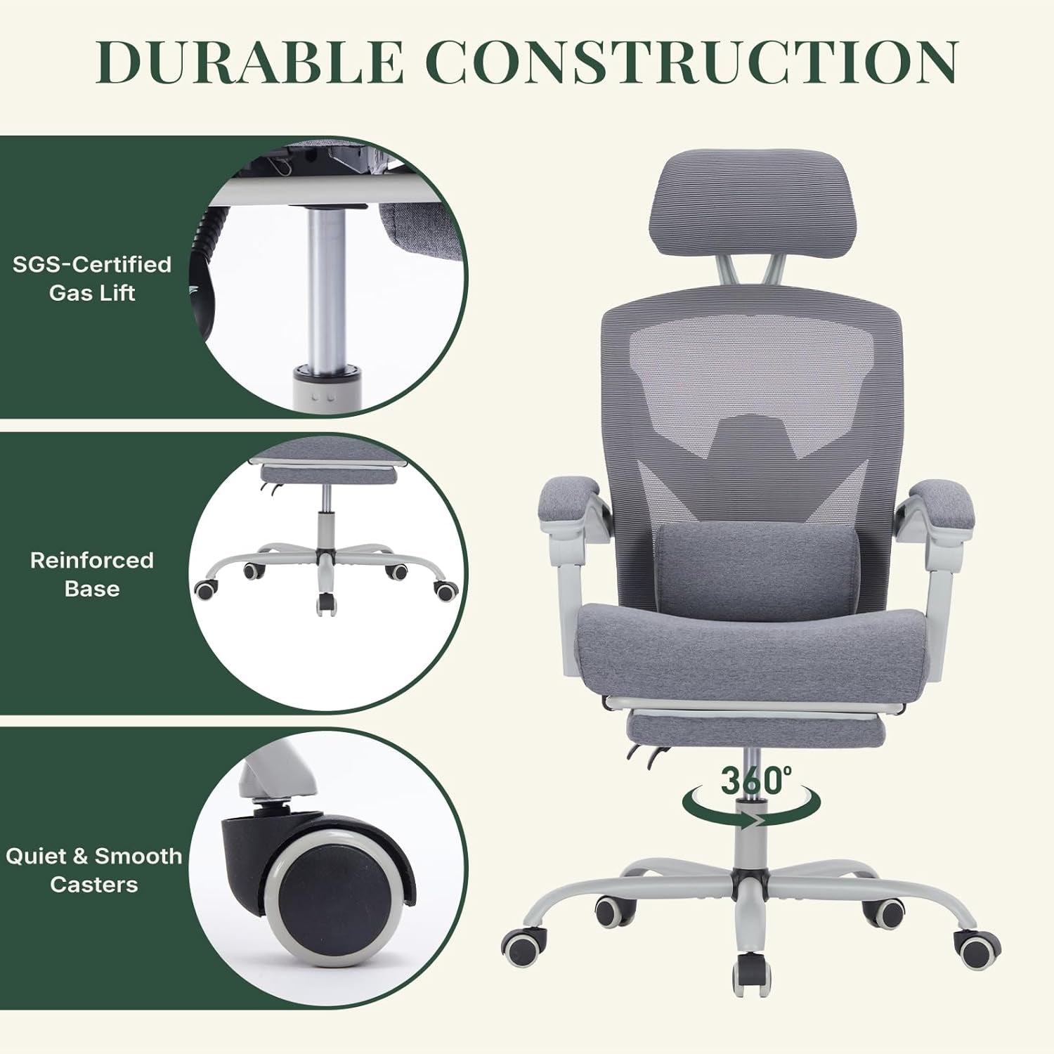 Ergonomic High Back Office Chair with Footrest and Lumbar Support, Adjustable Recline and Mesh Back for Home and Gaming, Grey