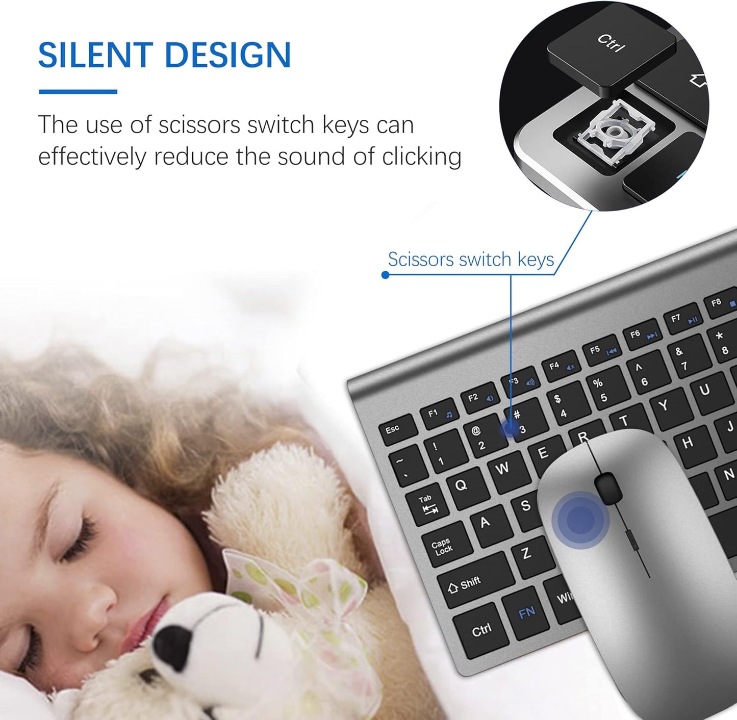 Wireless Keyboard and Mouse Ultra Slim Combo,  2.4G Silent Compact USB 2400DPI Mouse and Scissor Switch Keyboard Set with Cover, Batteries Included, for Pc/Laptop/Windows/Mac - Gray Black