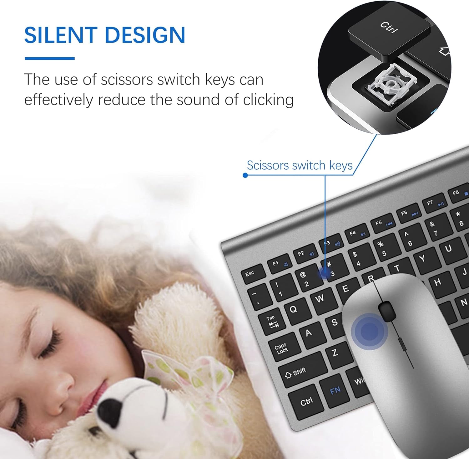 Wireless Keyboard and Mouse Ultra Slim Combo,  2.4G Silent Compact USB 2400DPI Mouse and Scissor Switch Keyboard Set with Cover, Batteries Included, for Pc/Laptop/Windows/Mac - Gray Black