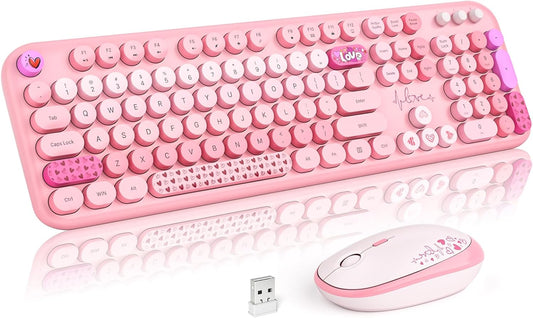 Wireless Keyboard and Mouse Combo, Cute Retro Typewriter Keyboard and Silent Mouse, 2.4Ghz Full Size Computer Keyboard Wireless Mouse Set for PC, Laptop, Desktop, Windows (Pink Colorful)