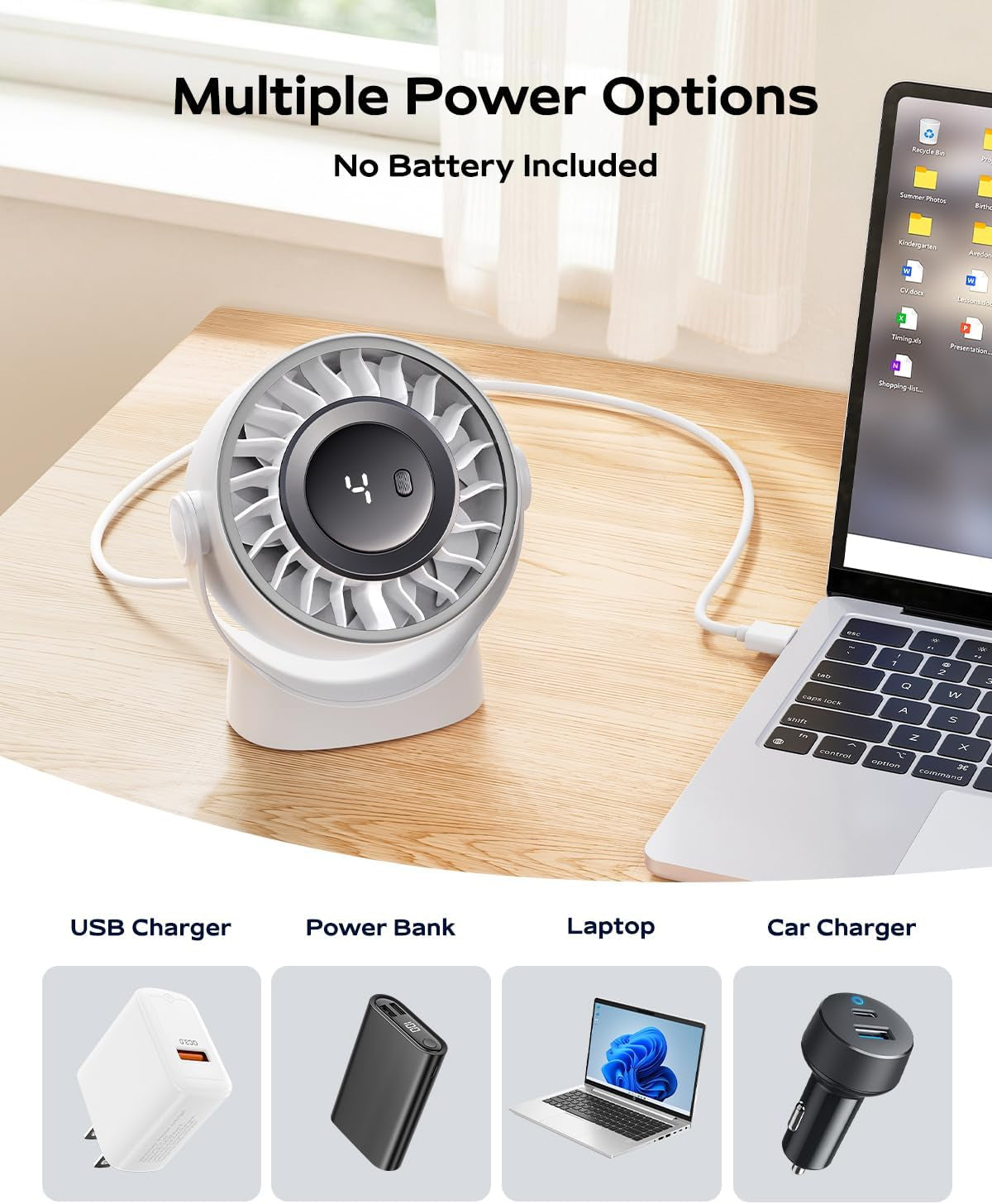 USB Small Desk Fan - 5 Inch Mini Personal Desktop Fan, 4 Speeds Cooling Strong Airflow, 360° Adjustable Tilt, Quiet Portable Table Fans for Bedroom, Home, Office, Travel & Cruise, White