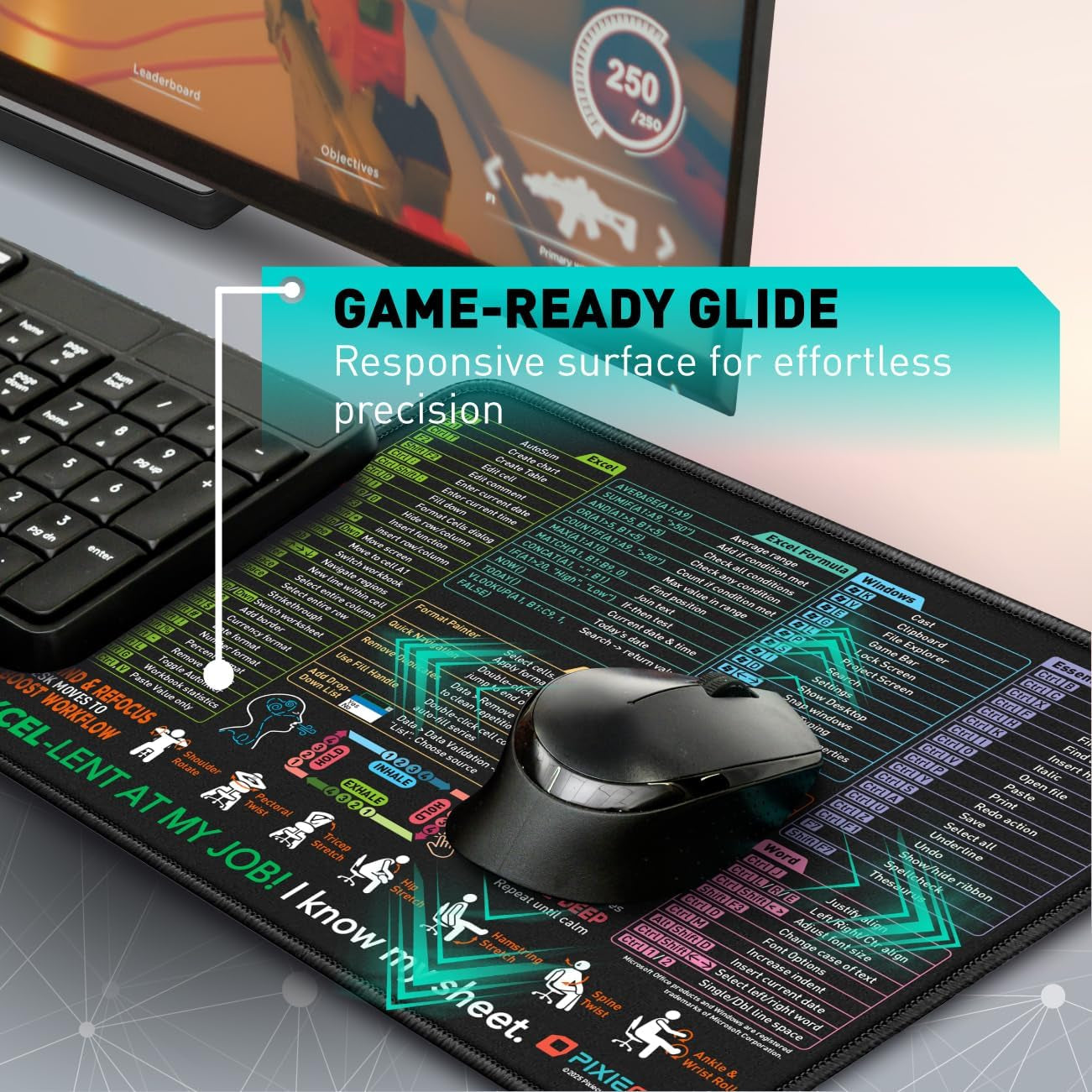 Excel Shortcut Mouse Pad with Windows, Word, and PowerPoint Shortcuts - Compact Non-Slip Stitched Desk Pad for Enhanced Gaming and Workstation Performance