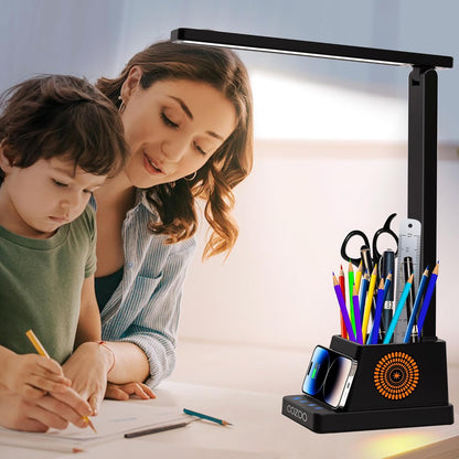 LED Desk Lamp for Home Office, Desk Light with 15W Wireless Charger Pen Holder, 12 Lighting Modes Desk Lamp for Bedroom, Small Table Lamp for College Dorm, Study, Craft, Nail, Foldable Black
