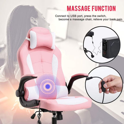 Ergonomic PU Leather Massage Gaming Chair with Lumbar Support - Pink Office Chair for Girls