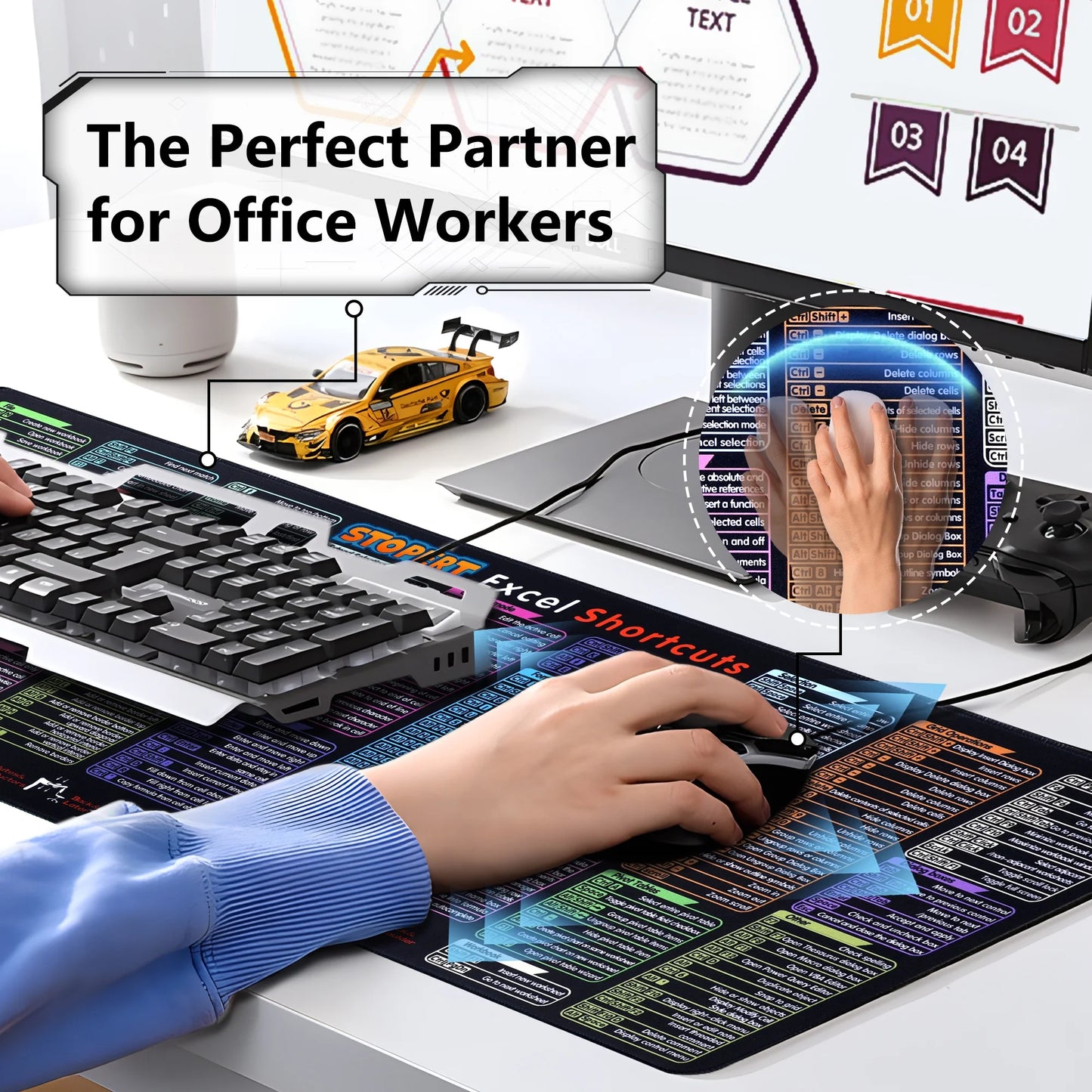 XL Office Excel Cheat Sheet Desk Pad Mat - Large Waterproof Anti-Slip Mouse Pad with Keyboard Shortcuts - 31.5” x 11.8”