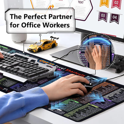 XL Office Excel Cheat Sheet Desk Pad Mat - Large Waterproof Anti-Slip Mouse Pad with Keyboard Shortcuts - 31.5” x 11.8”