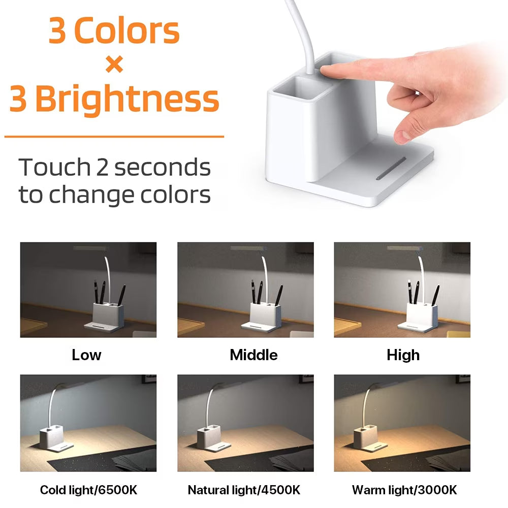 Led Desk Lamp for an Office in Home with Pen and Phone Hold - 3 Modes Dimable LED Table Lamp with USB Port