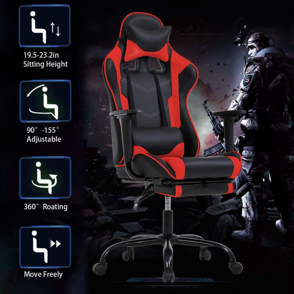 Ergonomic Red Gaming Chair with Recline Function, Lumbar Support, Headrest Pillow, and Adjustable Footrests - 360-Degree Swivel and Heavy-Duty Wheels for Home and Office Use