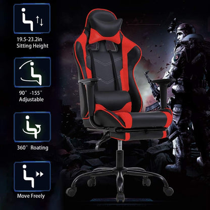Ergonomic Red Gaming Chair with Recline Function, Lumbar Support, Headrest Pillow, and Adjustable Footrests - 360-Degree Swivel and Heavy-Duty Wheels for Home and Office Use