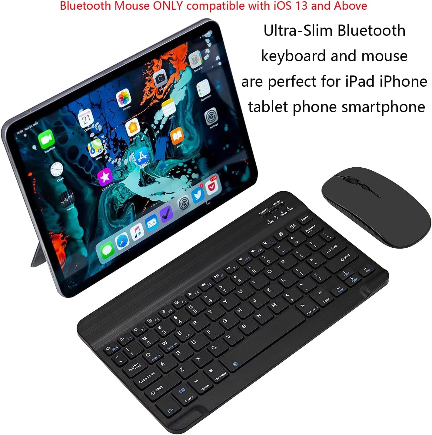 Ultra-Slim Bluetooth Keyboard and Mouse Combo Rechargeable Portable Wireless Keyboard Mouse Set for Apple Ipad Iphone Ipados/Ios 13 and above Samsung Tablet Phone Smartphone Android (Black)