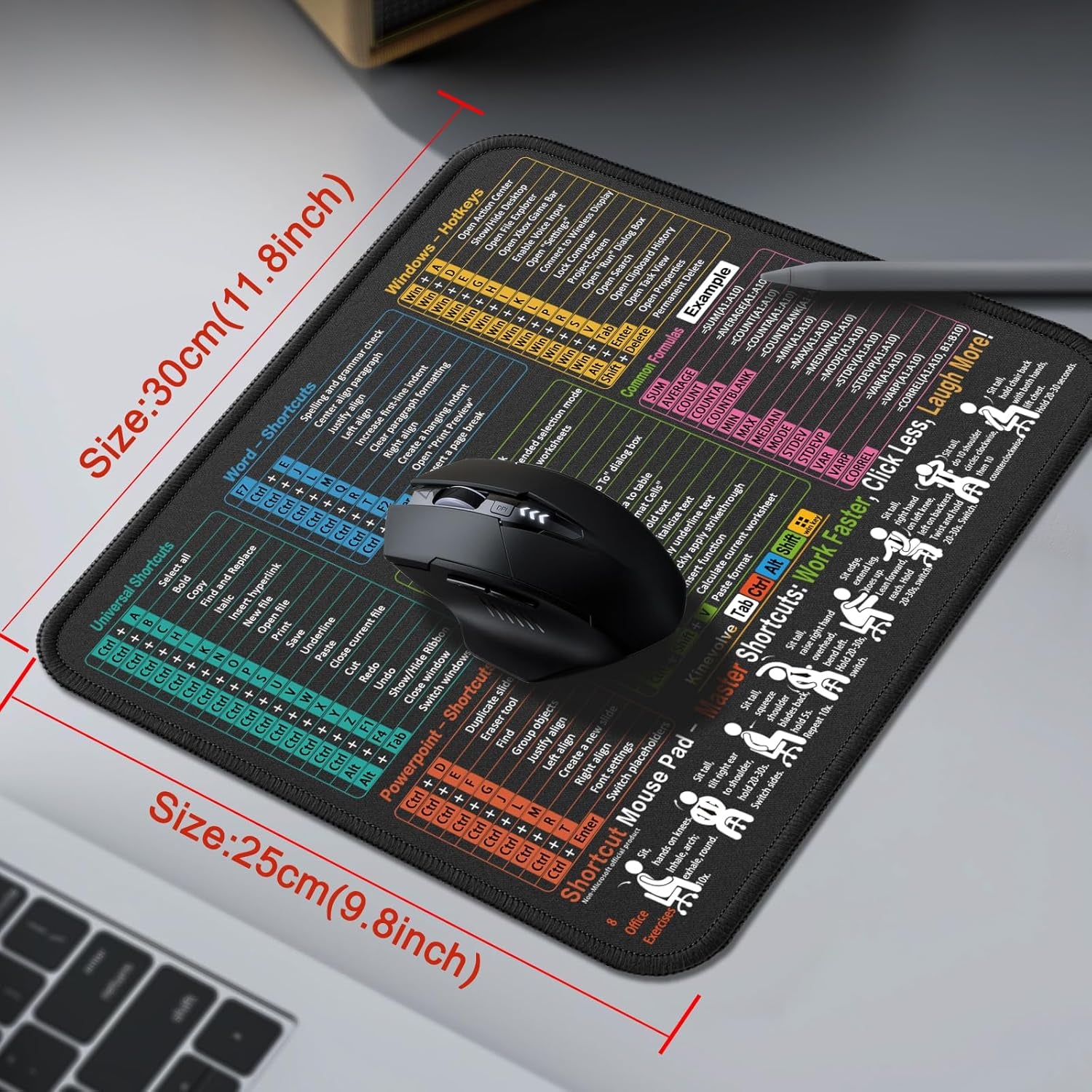 Mouse Pad for Excel/Word/Powerpoint/Windows Shortcuts – Small Excel Cheat Sheet Desk Pad – 11.8"X9.8" Portable Computer Mousepad – Gaming, Office, Waterproof, Non-Slip, Stitched Edges