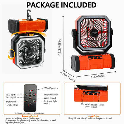 Rechargeable Portable Desk Fan with LED Light and 20000mAh Battery - Ideal for Camping, Home, and Bedroom Use with Hanging Hook
