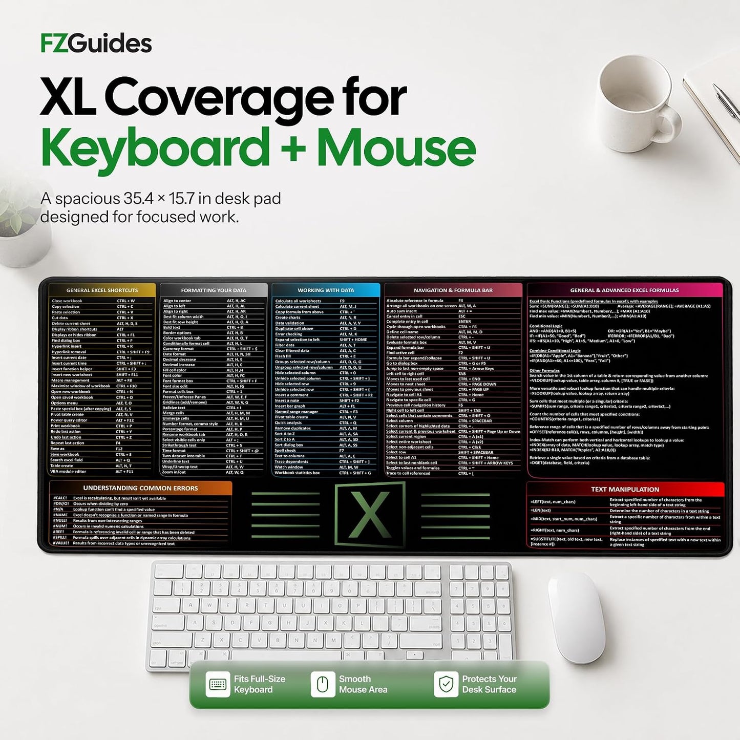 Large Excel Reference Desk Pad - Extended Mouse Mat Featuring Shortcut Keys and Formulas, Waterproof, XL Size 35.5" x 15.7
