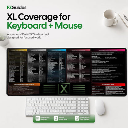 Large Excel Reference Desk Pad - Extended Mouse Mat Featuring Shortcut Keys and Formulas, Waterproof, XL Size 35.5" x 15.7