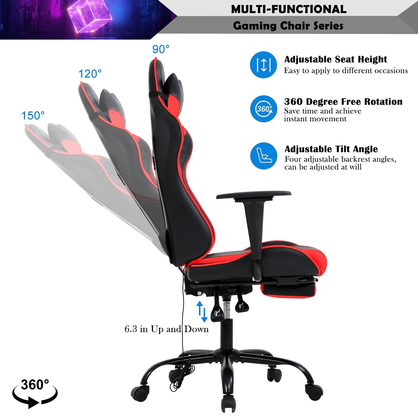 Ergonomic Racing Office Chair with Massage Function, PU Leather Recliner, Lumbar Support, Headrest, Armrest, Footrest, and Swivel Base for Adults - Red
