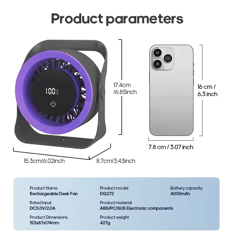 4000mAh Rechargeable Wall Fan - 100 Speed Adjustable Portable Desk Fan with Remote Control for Outdoor Cooling