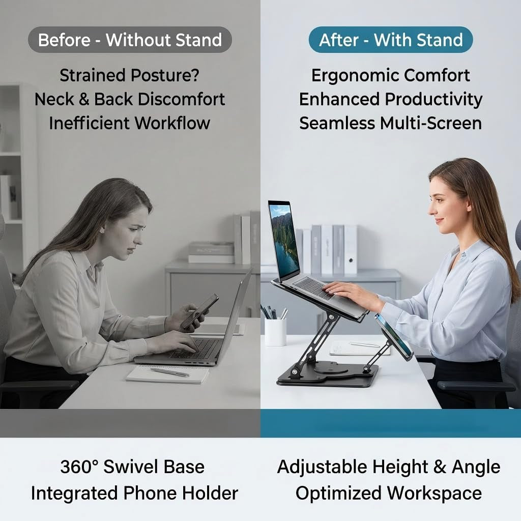 Laptop Stand for Desk,Adjustable Computer Stand with 360° Rotating Base,2-In-1 Laptop Stands with Phone Holder,Ergonomic Laptop Riser for Collaborative Work,Fits for All 10-16" Laptops