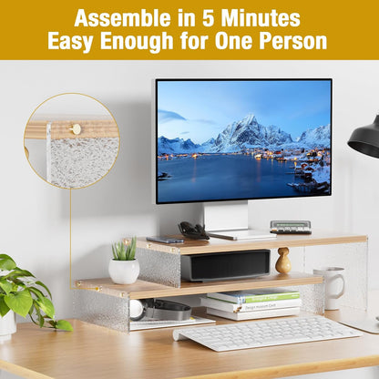 Adjustable Monitor Stand Riser with Acrylic Legs丨9.4" Wide Dual Monitor Stand for Desk丨2-Tier Wood Desktop Organizer for Computer, Laptop, Printer & Pc丨Modern Aesthetic Desk Shelf(Wood-Glacial Striae)