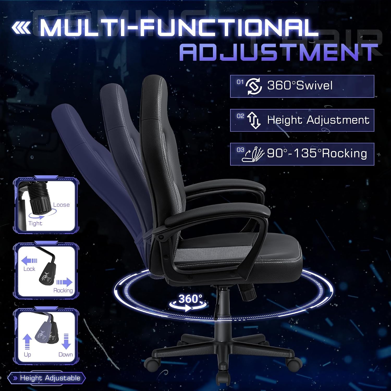 High-Back Ergonomic Leather Office Gaming Chair with Adjustable Height - Executive Conference Task Chair (Grey)