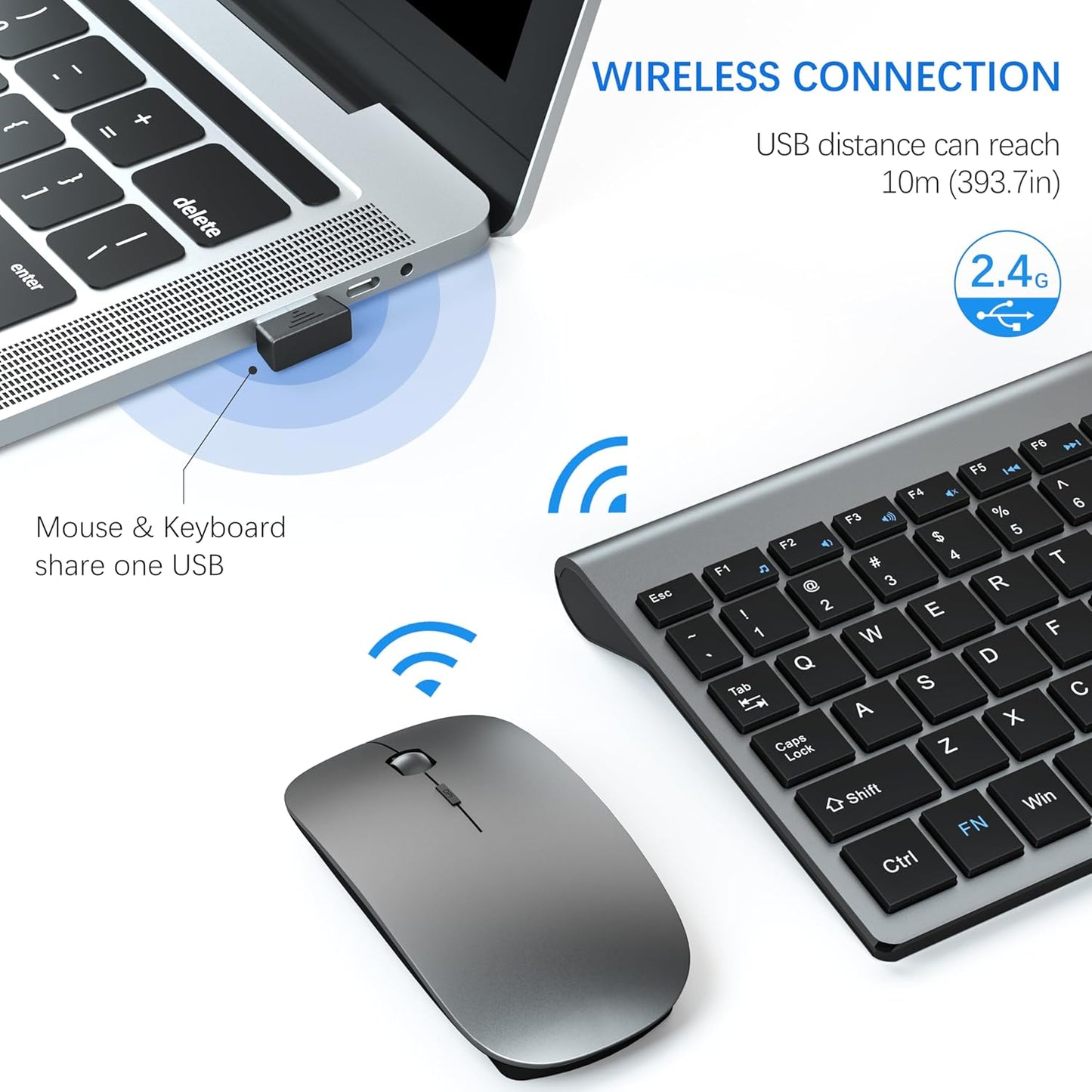 Wireless Keyboard and Mouse Ultra Slim Combo,  2.4G Silent Compact USB 2400DPI Mouse and Scissor Switch Keyboard Set with Cover, Batteries Included, for Pc/Laptop/Windows/Mac - Gray Black