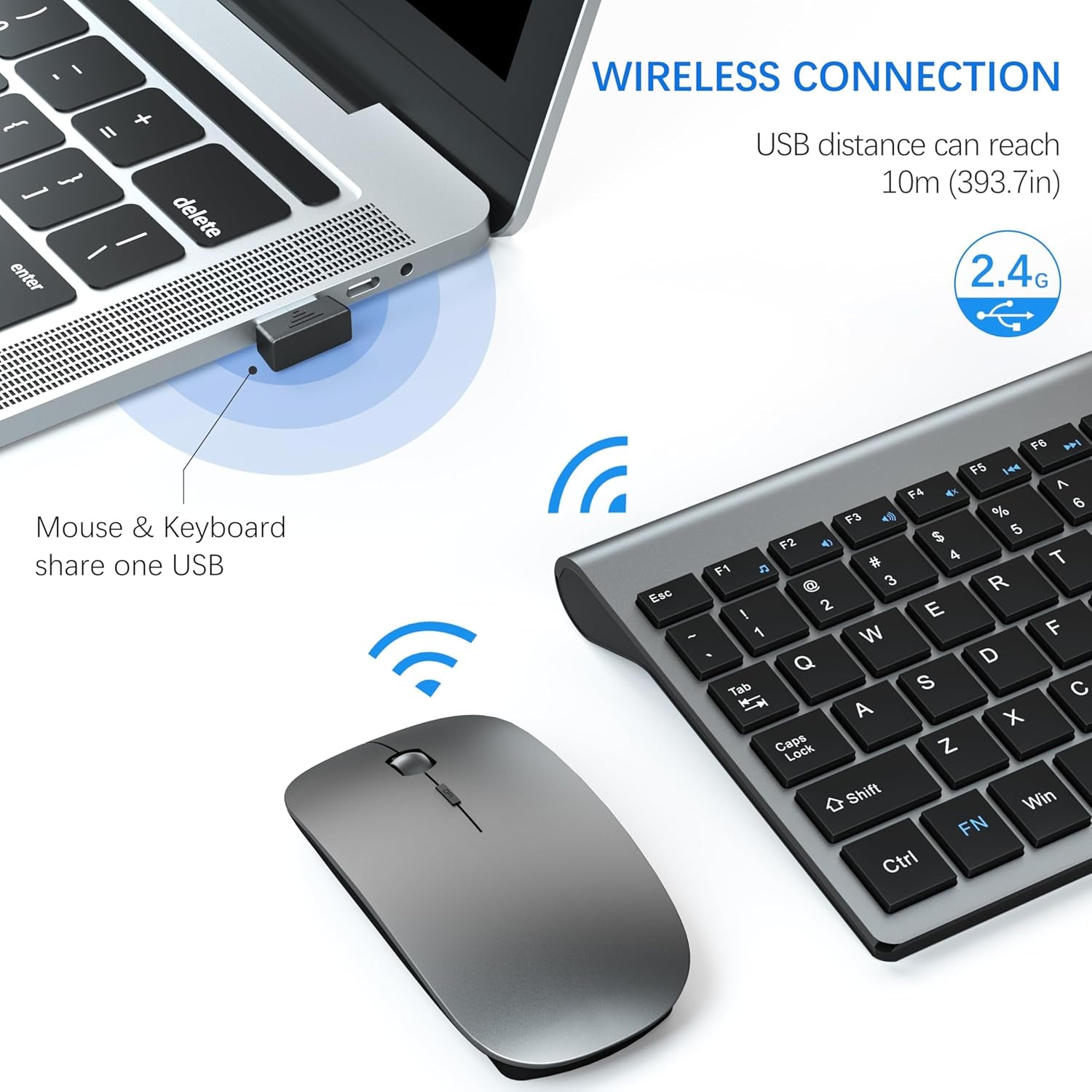 Wireless Keyboard and Mouse Ultra Slim Combo,  2.4G Silent Compact USB 2400DPI Mouse and Scissor Switch Keyboard Set with Cover, Batteries Included, for Pc/Laptop/Windows/Mac - Gray Black