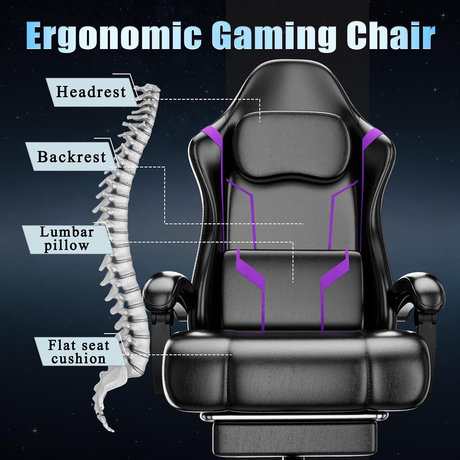 Ergonomic Gaming Chair with Pocket Spring Cushion and Footrest, Adjustable Height Computer Chair with Swivel Seat and Headrest (Purple)