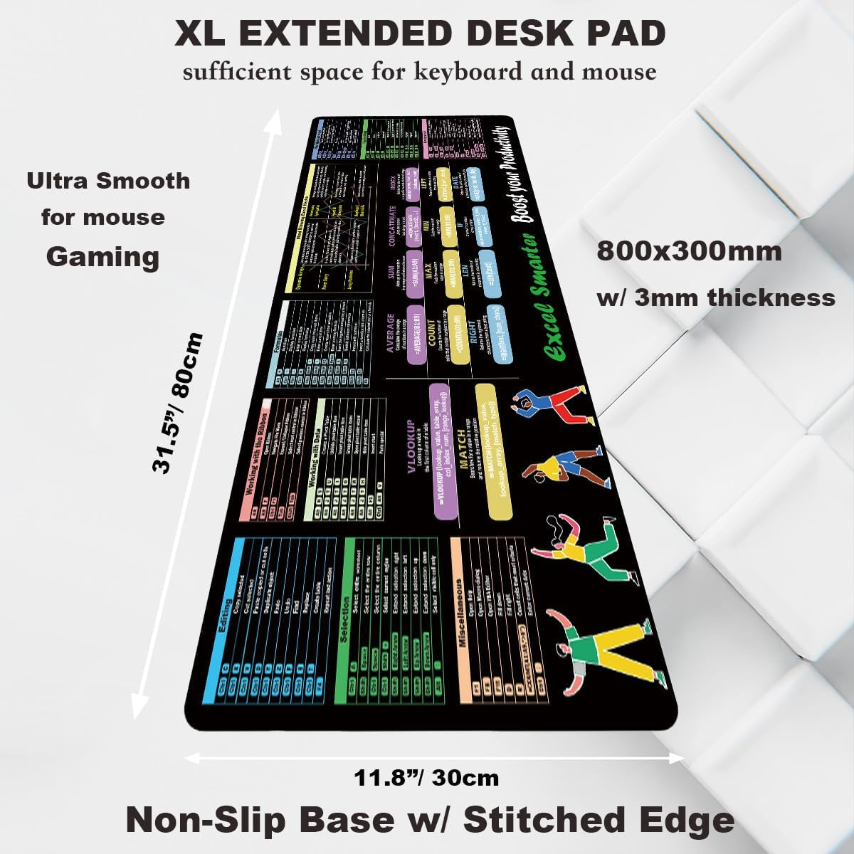 TWXIIT Excel Cheat Sheet Desk Pad - 31.5" x 11.8" Keyboard Shortcut Reference Mat with 11 Function Modules, Common Formulas, and Non-Slip Stitched Edges for Office Use