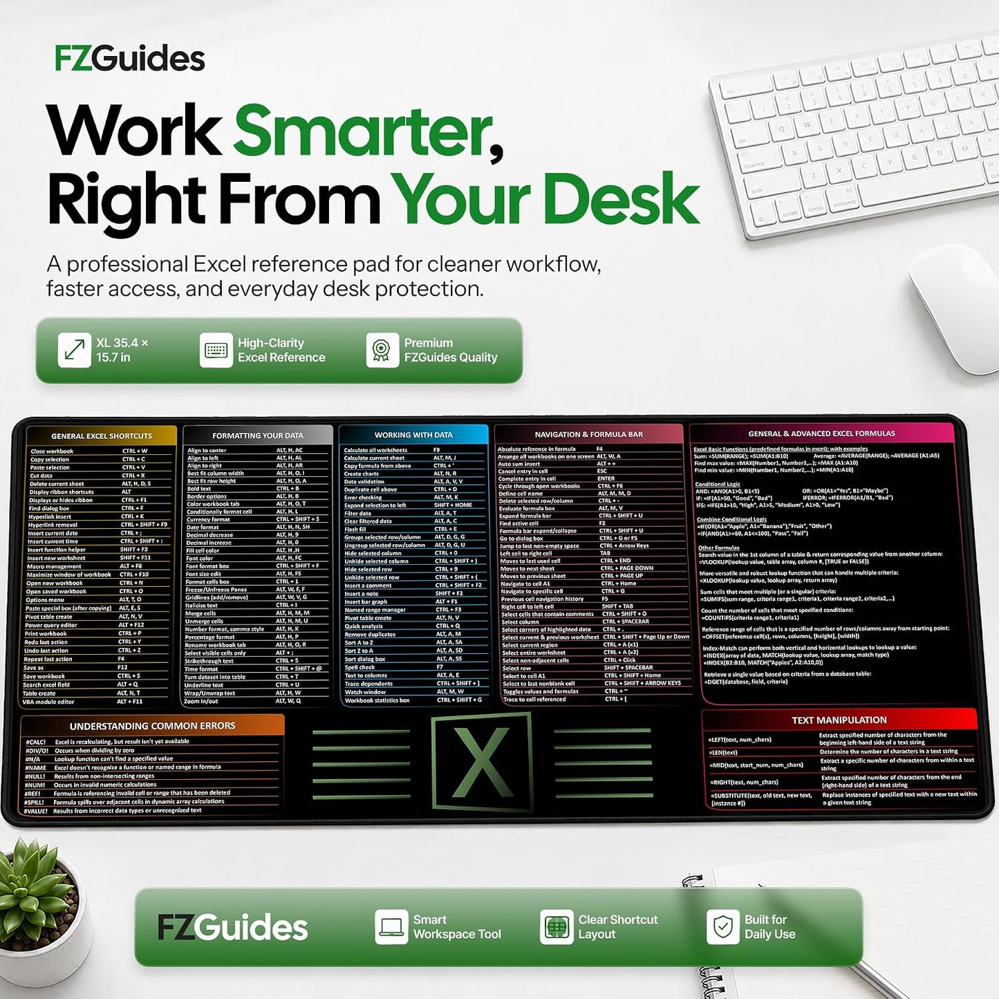 Large Excel Reference Desk Pad - Extended Mouse Mat Featuring Shortcut Keys and Formulas, Waterproof, XL Size 35.5" x 15.7
