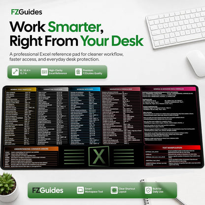 Large Excel Reference Desk Pad - Extended Mouse Mat Featuring Shortcut Keys and Formulas, Waterproof, XL Size 35.5" x 15.7