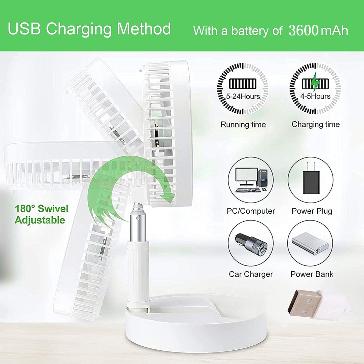 Portable Desk Fan,Foldable Fan Pedestal Stand Floor Fan with Remote Controller Adjustable Height from 14.2'' to 39'', 4 Speeds, 7200Mah Rechargeable Telescopic USB Charging