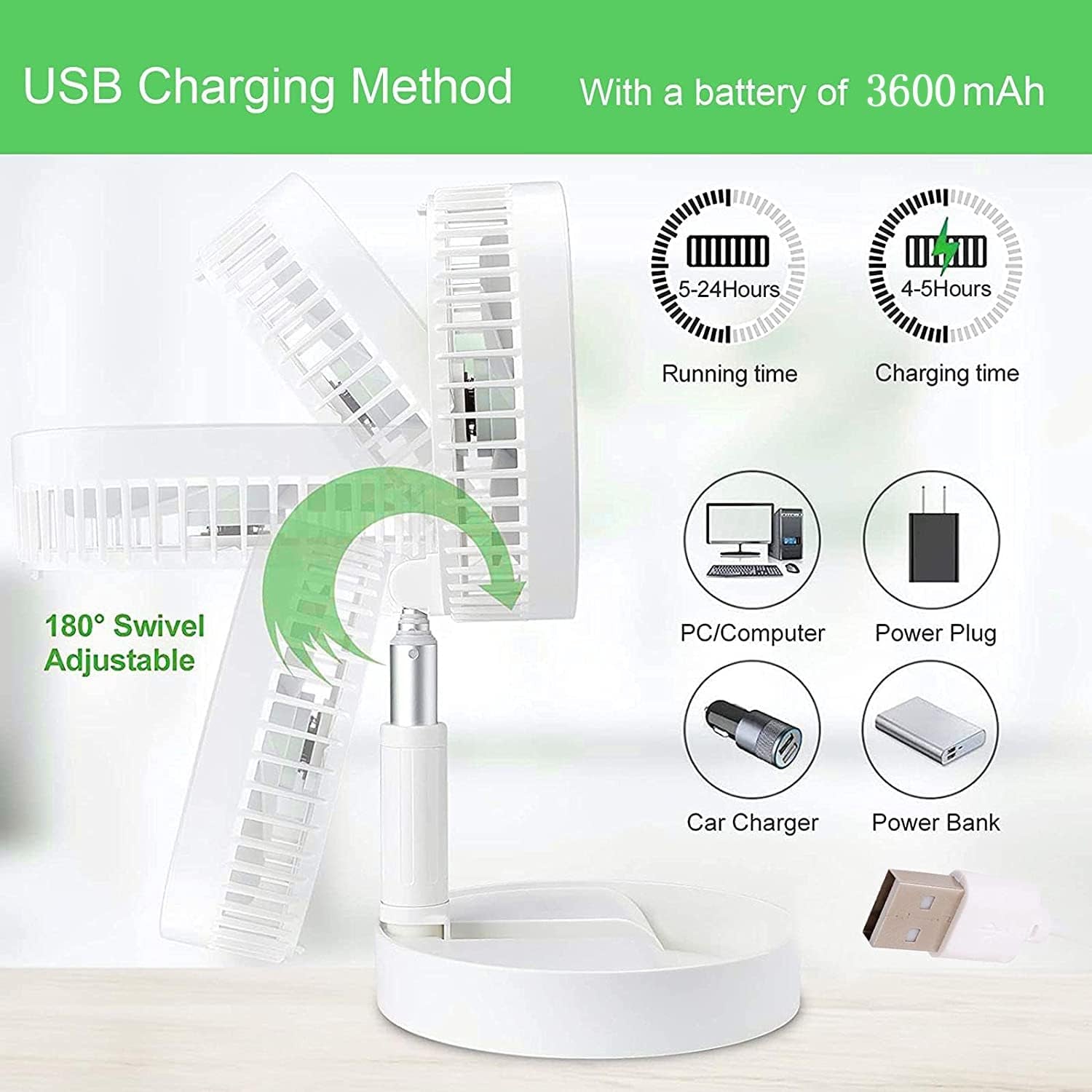 Portable Desk Fan,Foldable Fan Pedestal Stand Floor Fan with Remote Controller Adjustable Height from 14.2'' to 39'', 4 Speeds, 7200Mah Rechargeable Telescopic USB Charging