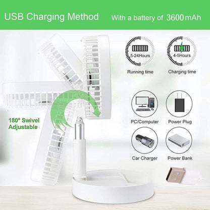 Portable Desk Fan,Foldable Fan Pedestal Stand Floor Fan with Remote Controller Adjustable Height from 14.2'' to 39'', 4 Speeds, 7200Mah Rechargeable Telescopic USB Charging