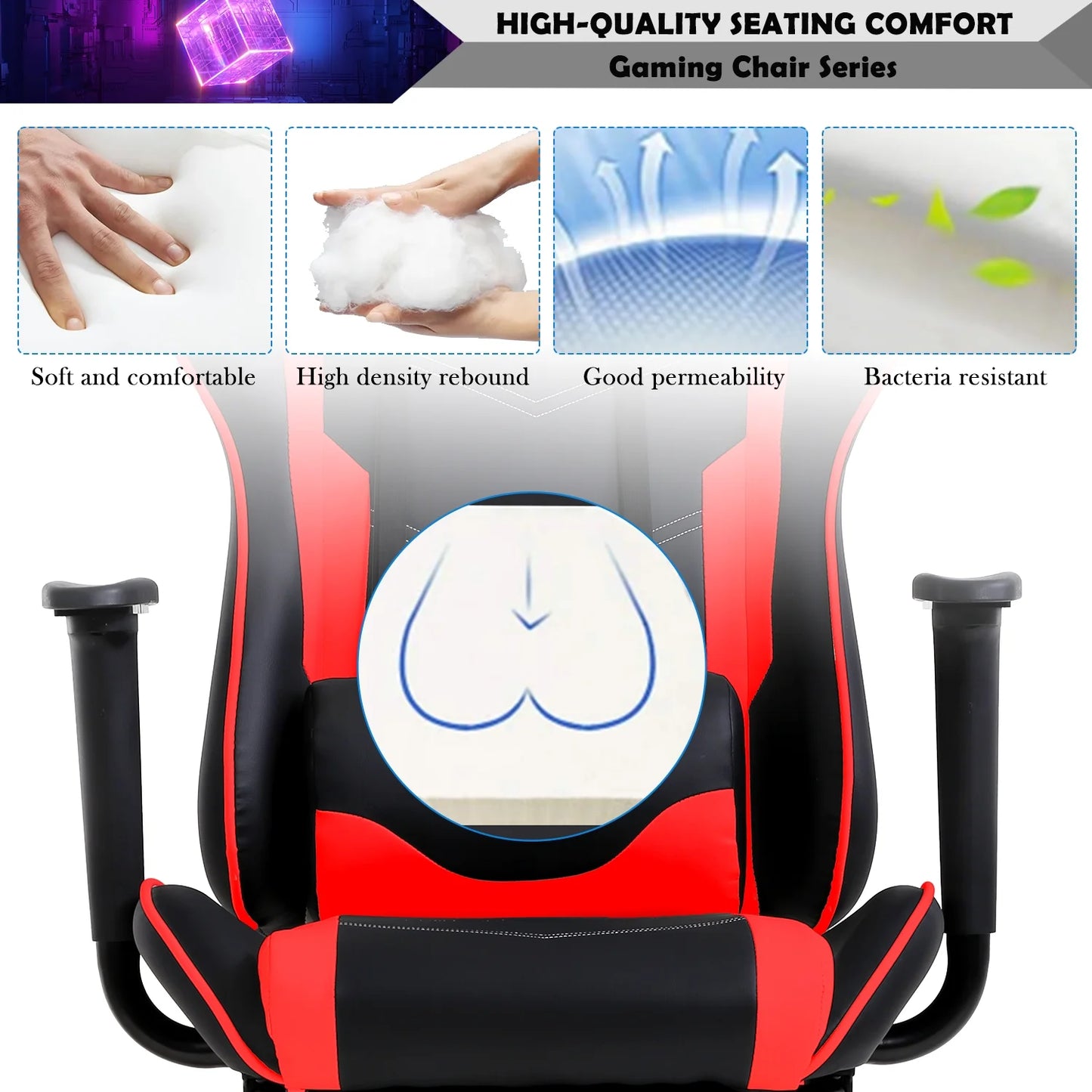 Ergonomic Racing Office Chair with Massage Function, PU Leather Recliner, Lumbar Support, Headrest, Armrest, Footrest, and Swivel Base for Adults - Red