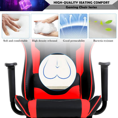 Ergonomic Racing Office Chair with Massage Function, PU Leather Recliner, Lumbar Support, Headrest, Armrest, Footrest, and Swivel Base for Adults - Red