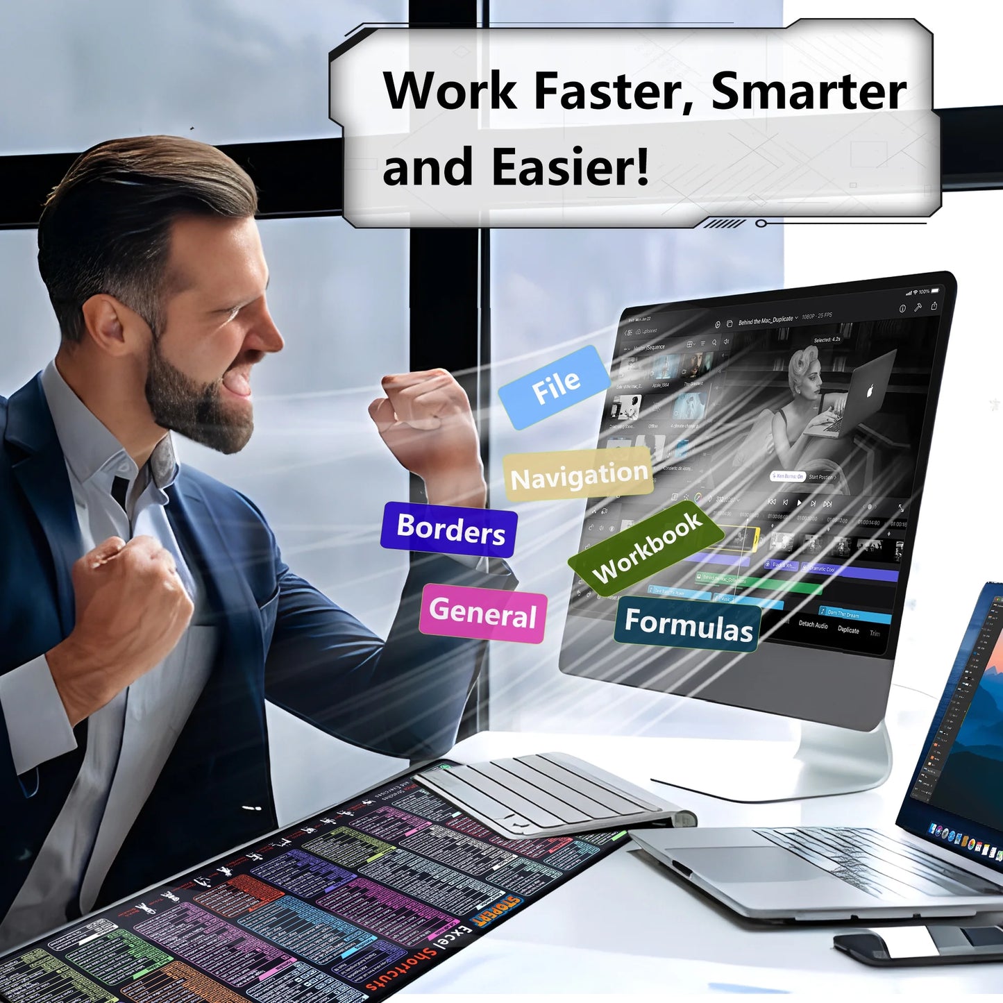 XL Office Excel Cheat Sheet Desk Pad Mat - Large Waterproof Anti-Slip Mouse Pad with Keyboard Shortcuts - 31.5” x 11.8”
